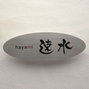 ステンレスエッチング表札のサンプル画像。「hayami　速水」をエッチング。