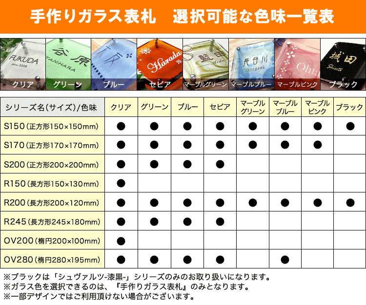 手作りガラス色　選択可能一覧表