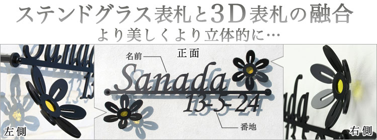 表札GHO-3D-40「クレマチス・番地付き・3D」ステンレスレーザーカット表札