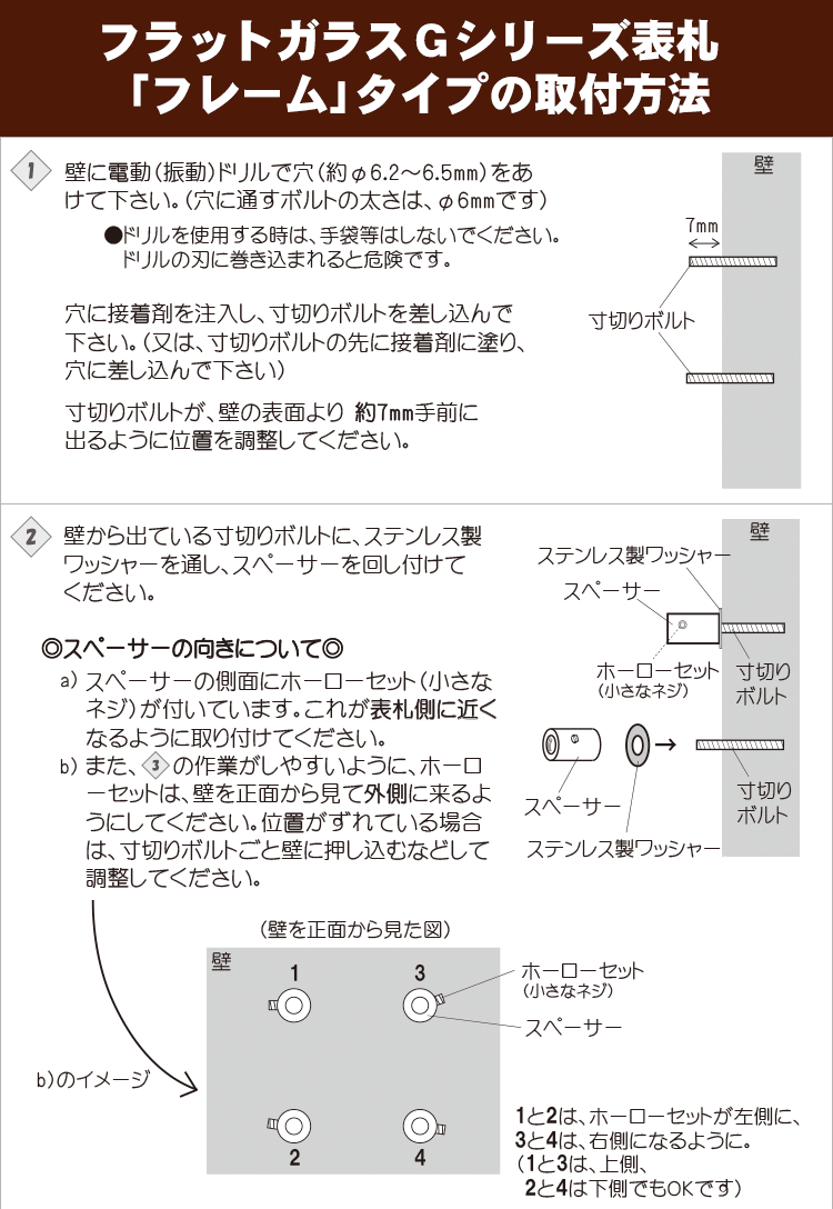 フラットガラスGシリーズ表札「フレーム」タイプ取付方法
