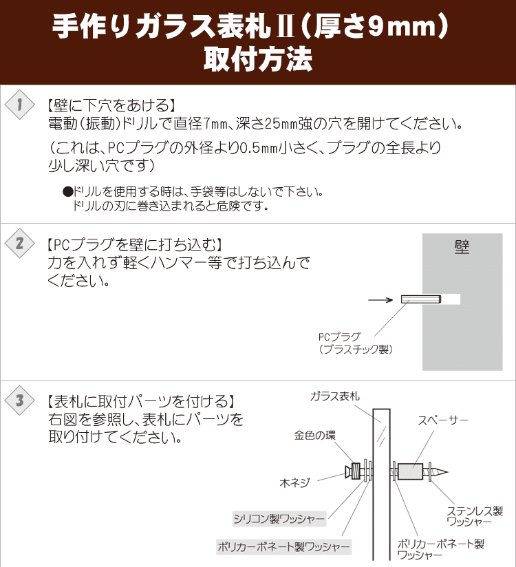 手作りガラス表札IIの取り付け方法