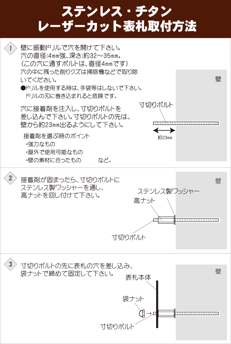 ステンレスレーザーカット表札取付方法