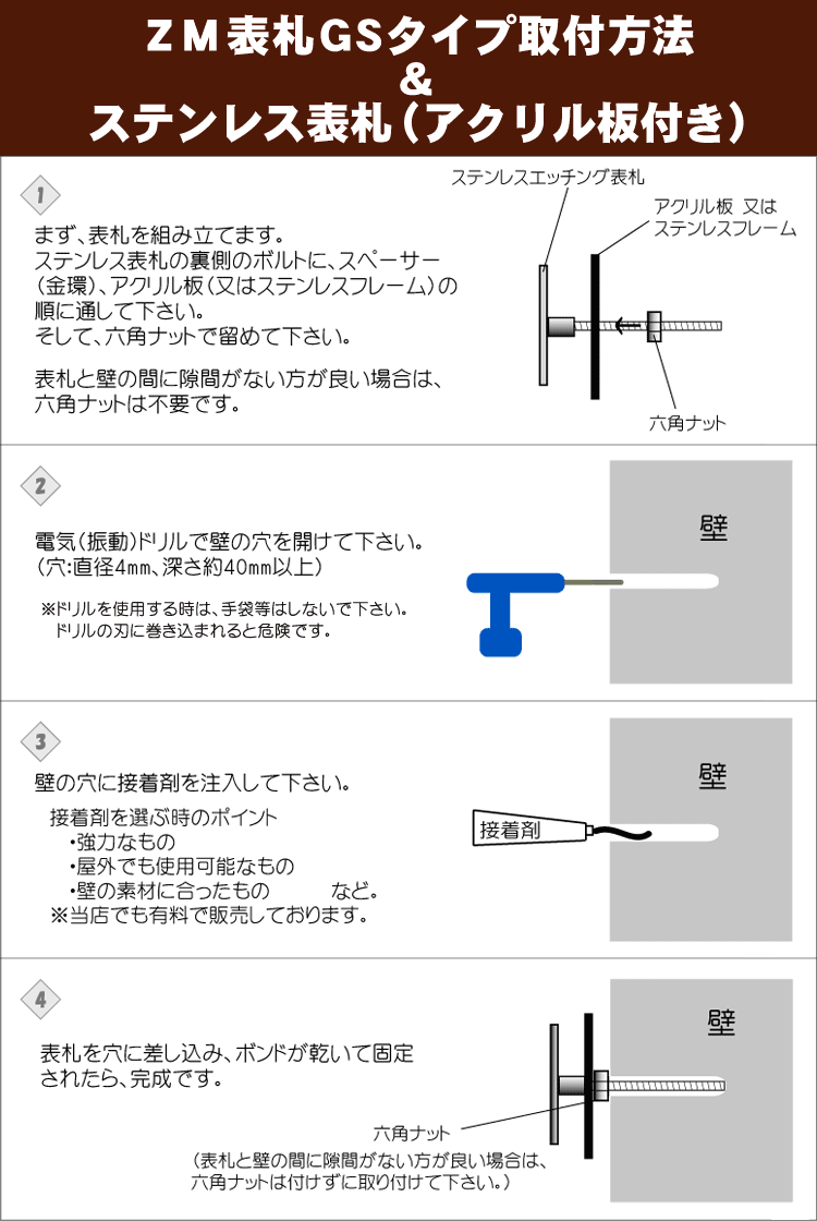 ステンレス表札アクリル板付き・ZM表札GSタイプ取付方法